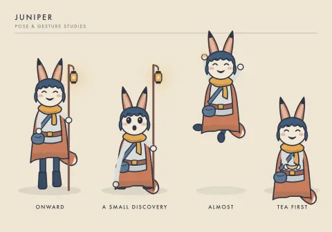 Pose sheet with four labeled poses of Juniper: striding with her staff, crouching in surprise, leaping to catch a firefly, and sitting cross-legged with a bowl of tea.