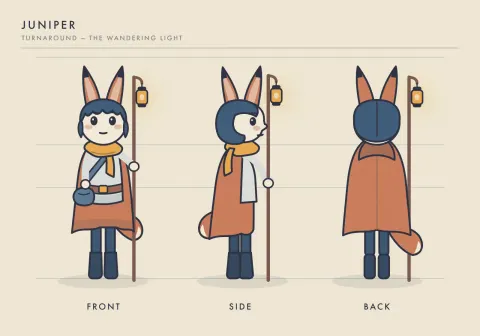 Character turnaround sheet showing Juniper from the front, side and back on a shared baseline, with faint alignment guides and labels under each view.