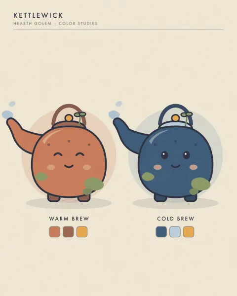 Two color variants of Kettlewick, a round tea-kettle golem with a sprout on his lid: warm copper and cold dusk blue, each above a row of matching palette swatches.