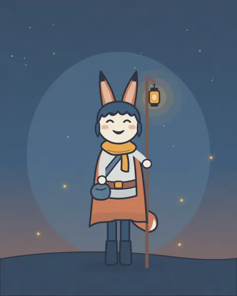 Juniper standing in a dark meadow at night holding her glowing lantern staff, fireflies drifting around her.