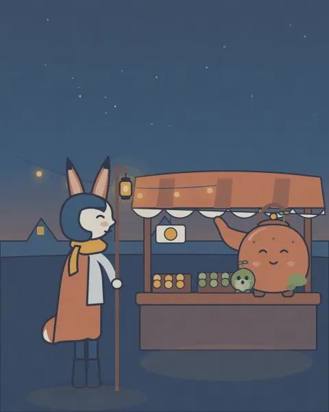 Dusk market scene: fox-eared Juniper stands at a lantern-lit stall with a striped awning while a copper kettle golem shopkeeper waves; string lights glow overhead against a starry sky.