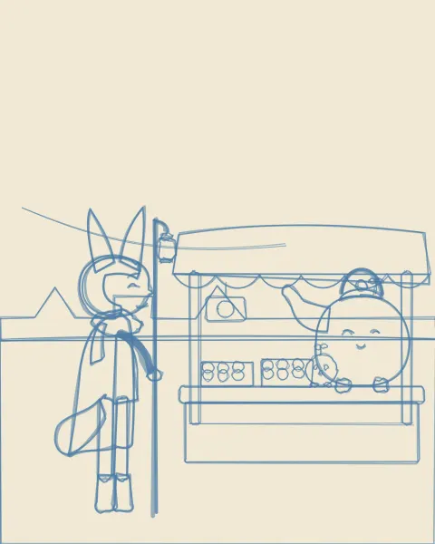 Process step 1 of “Lantern Market”: thumbnail — stall on the right, story on the left.