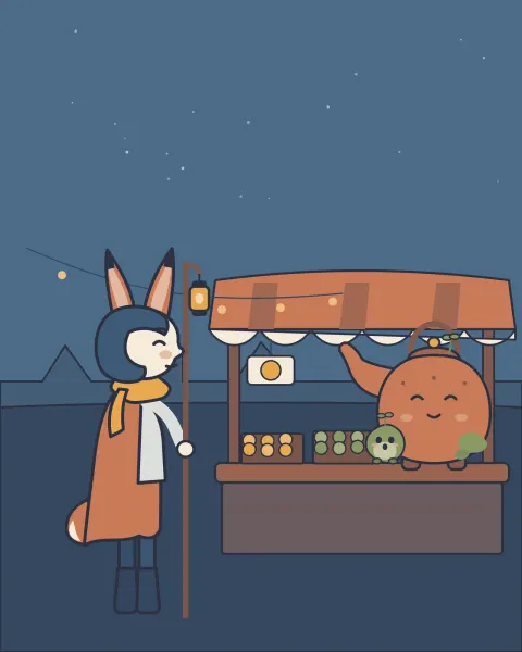Process step 3 of “Lantern Market”: flat color — dusk blues against clay.