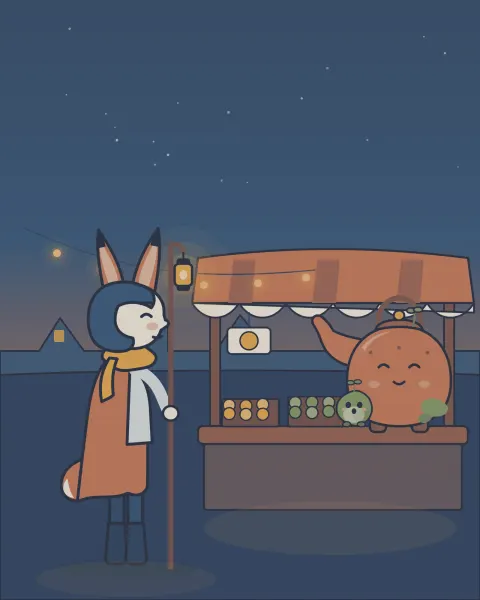Process step 4 of “Lantern Market”: shading pass — the string lights switch on.