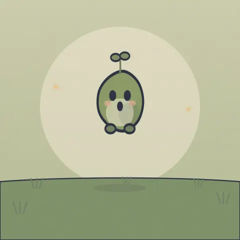 A round green moss spirit mid-hop above a sunny meadow, body stretched with excitement, grass tufts below.