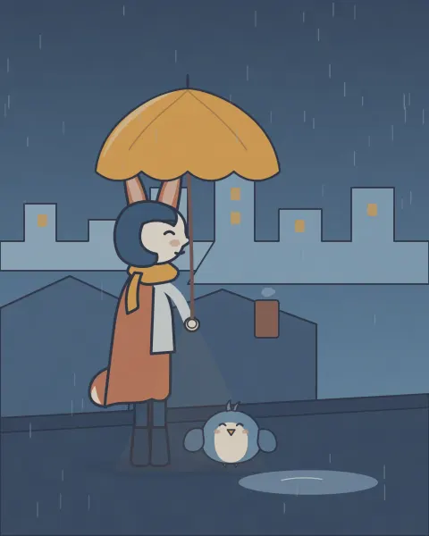 Night rain on a rooftop: Juniper holds a large marigold umbrella sheltering herself and Puff, a plump blue bird, with lit city windows in the mist behind them.