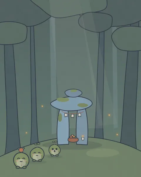 Forest shrine at dusk: three small green moss spirits process toward a mossy stone dolmen with an offering bowl and a candle, beneath tall trees and pale shafts of light.