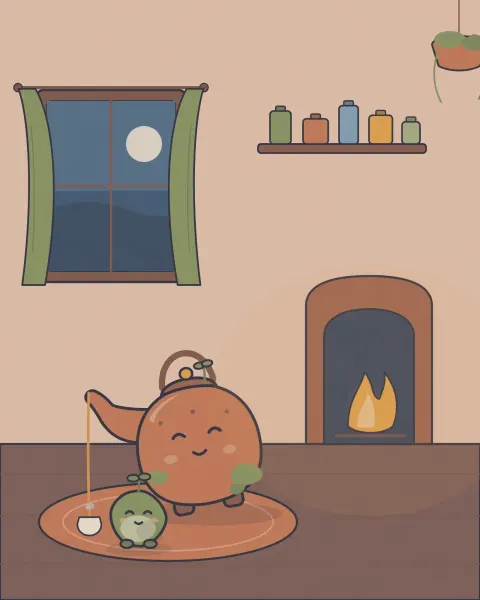 Cozy interior at night: Kettlewick the kettle golem tilts to pour a long stream of tea into a cup on the rug while a delighted moss spirit watches, beside a glowing hearth and a window full of dusk.