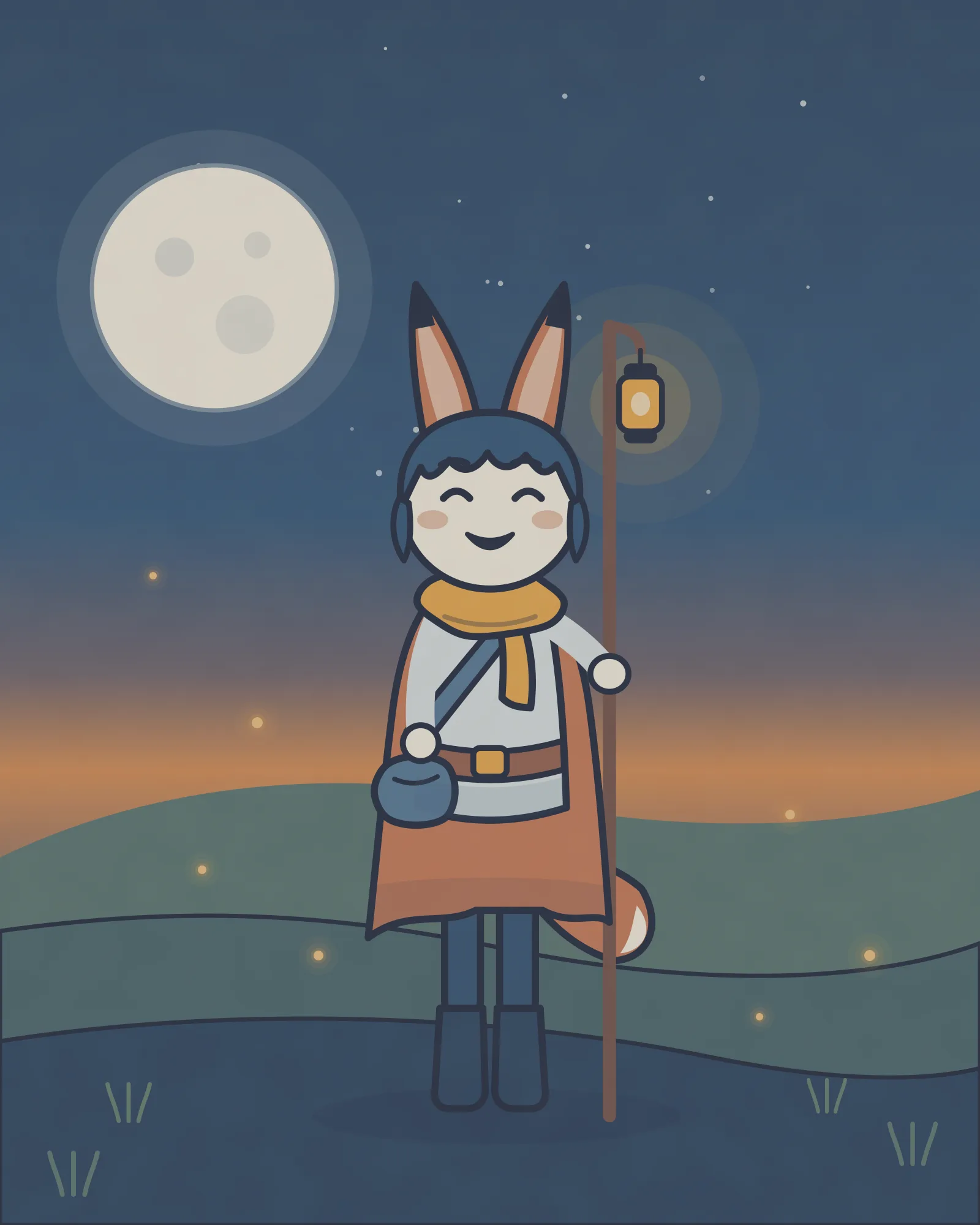 Flat vector illustration of Juniper, a fox-eared wanderer in a clay cloak and marigold scarf, standing in a moonlit meadow with her glowing lantern staff, surrounded by fireflies.