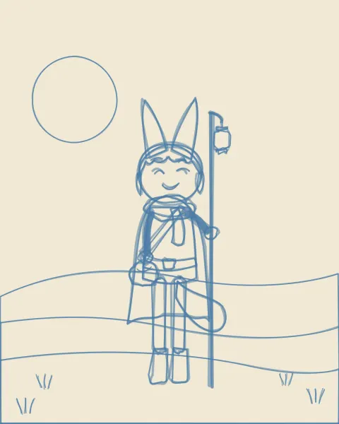 Process step 1 of “The Wandering Light”: blue thumbnail — finding the pose and the big shapes.